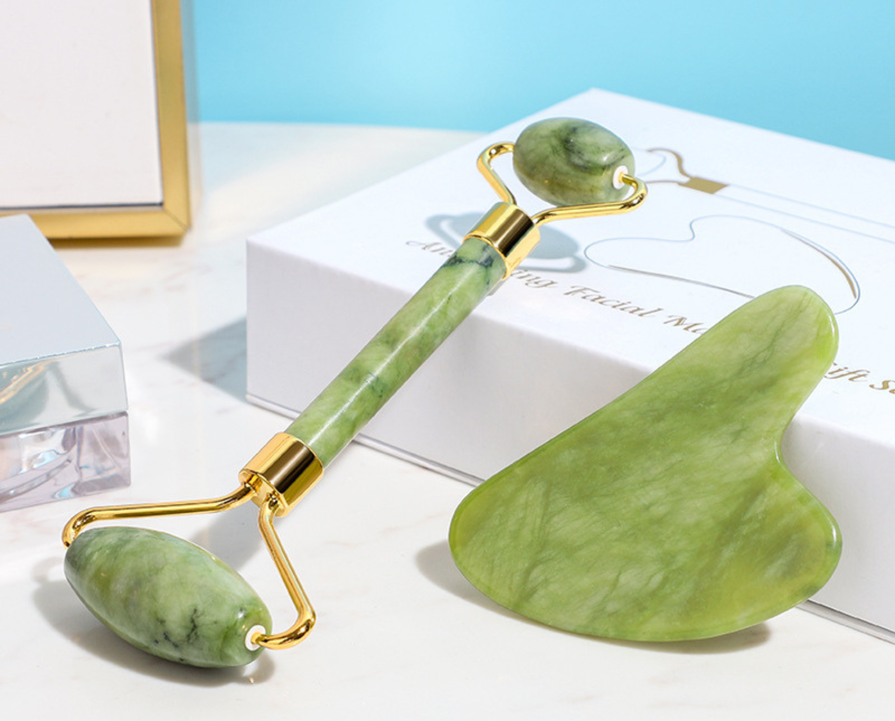 jade facial massage set gua sha and roller